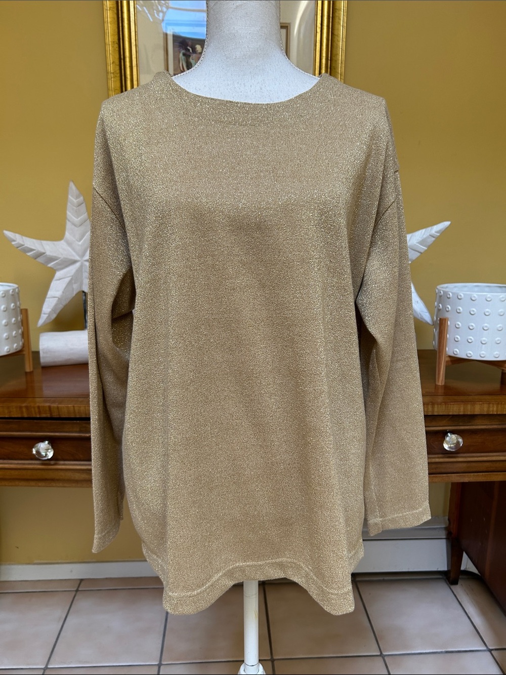Women’s XL Gold Metallic Shimmer Bob Mackie Scoop Neck Pullover Blouse